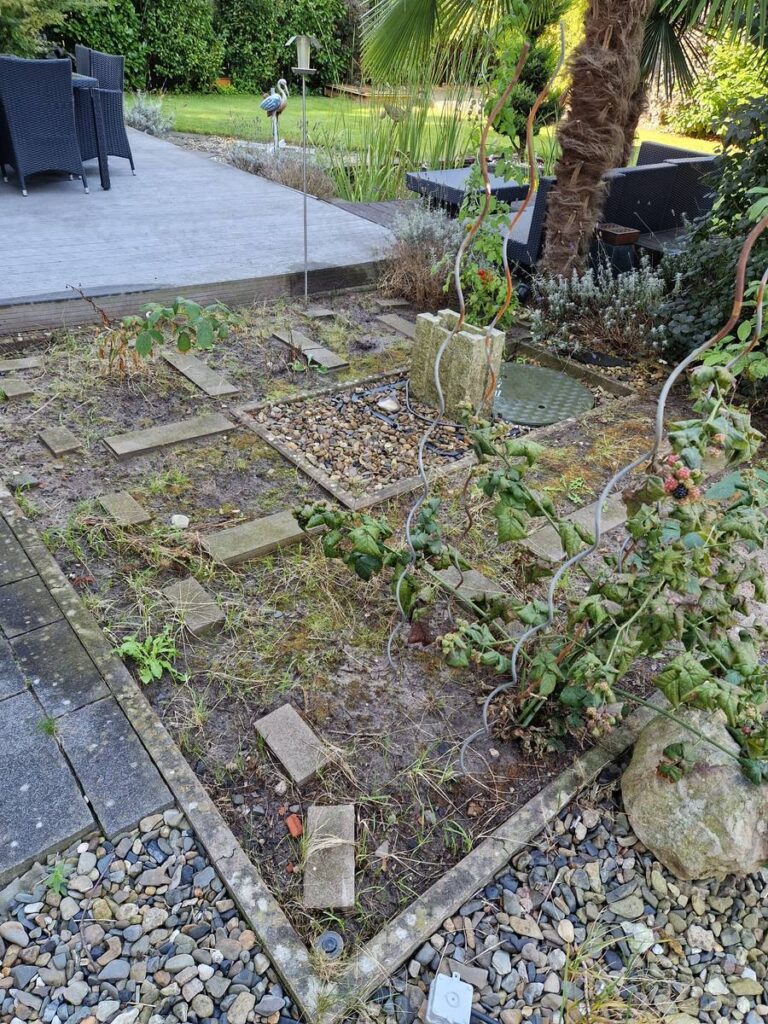 Gartenpflege in Bremen-Gartenstadt Vahr vor der Arbeit – Beet mit Unkraut zwischen Trittplatten
